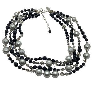White House Black Market Beaded Necklace Womens Black Silver Tone Multi Strand